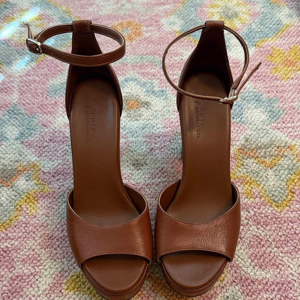27 EDIT Naturalizer Brown Leather Platform Ankle-Strap Heels - Picture 5 of 5